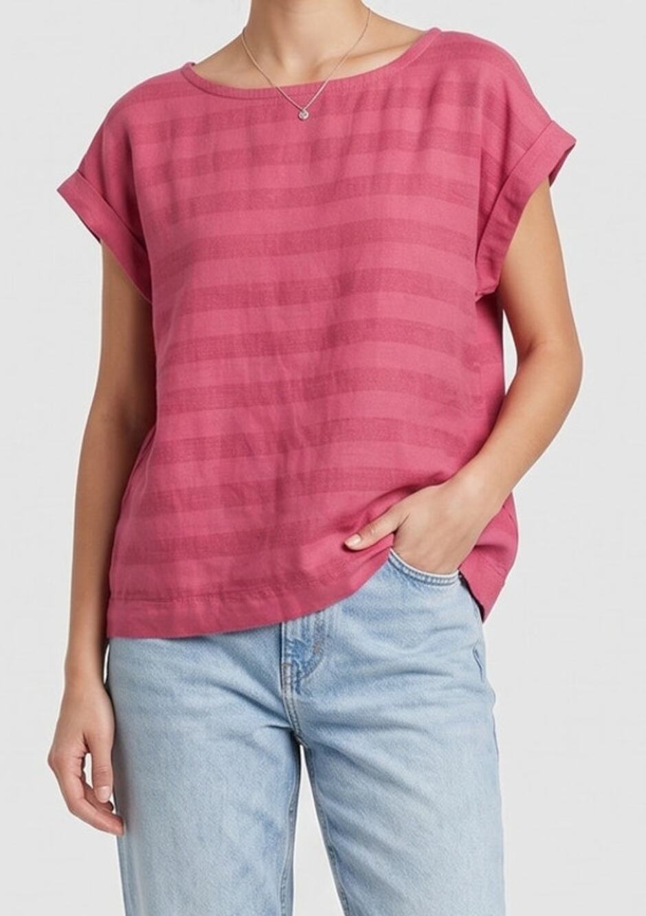 Liz Claiborne Womens Medium Dark Pink Top Linen Rayon Blend Folded Cap Sleeve
